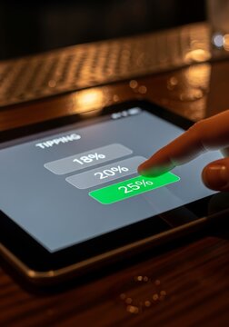 Customer choosing tip percentage on digital tablet device. Person selecting gratuity option at restaurant point of sale terminal. Mobile payment and electronic financial transaction concept.