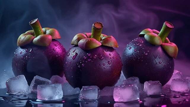 Fresh mangosteen fruits on ice with purple smoke background