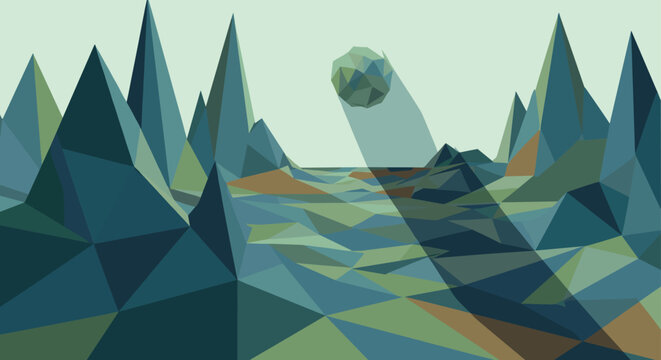 Surreal low poly alien landscape displays sharp turquoise mountain peaks and a floating geometric sphere casting a long dramatic shadow.