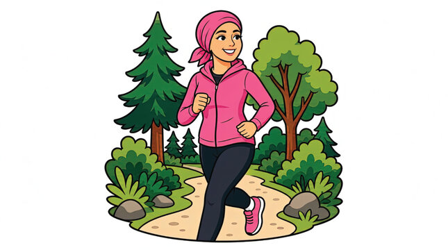Woman in pink jacket running outside.
