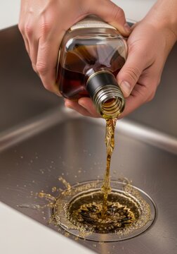 Man pouring alcohol liquor from glass bottle into kitchen sink drain. Addiction recovery concept. Giving up alcoholic drink for healthy lifestyle and sobriety, ending dangerous habit.