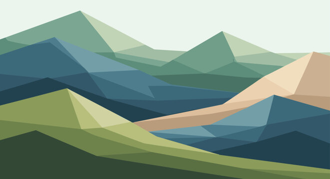 Muted color palette in a low poly mountain landscape features soft greens and blues, creating a peaceful and quiet outdoor environment.