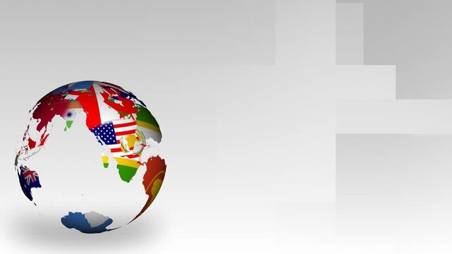 Spinning World Globe with International Flags on White Background