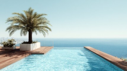 Obraz premium Elevated outdoor swimming pool overlooks expansive ocean horizon under clear sky