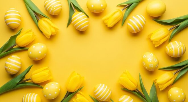 Yellow Easter eggs with white patterns and fresh tulips arranged in a circle on a yellow background. Decorative spring holiday composition with copy space for greeting card design.