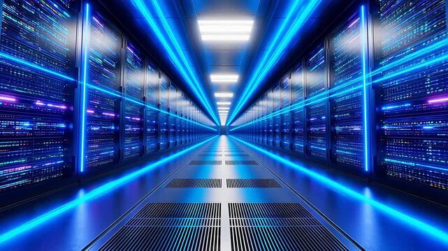 Server room with blue neon lights