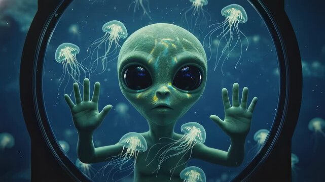 Alien touching glass of aquarium with jellyfish. Extraterrestrial observing aquatic life in deep space research station. Sci fi concept of alien biology study.