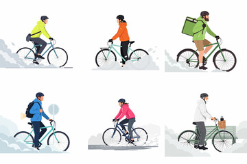 Fototapeta premium Flat vector illustrations of diverse people riding bicycles in various urban scenarios, including commuting, food delivery, and cycling through different weather conditions.