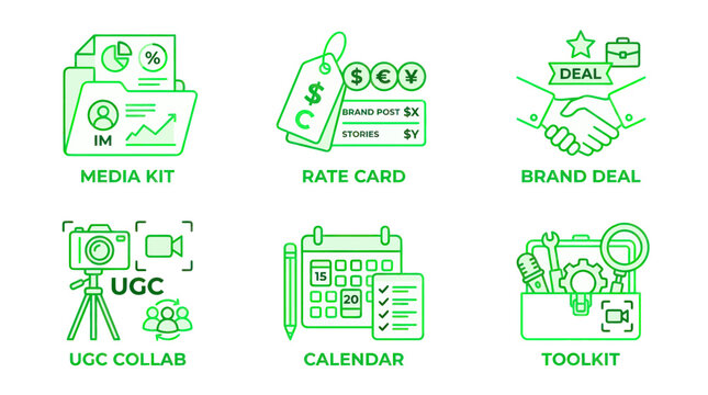 Marketing Icons Set: Media Kit, Rate Card, Brand Deal, UGC, Calendar, Toolkit