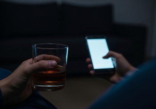 Man holding glass of whiskey and using smartphone in dark room. Person relaxing at home with mobile device and alcohol beverage. Evening lifestyle and communication technology concept.