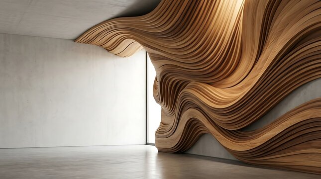 Modern abstract wavy wooden installation in minimalist concrete room