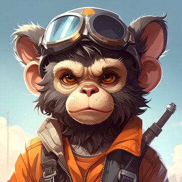 Anthropomorphic monkey pilot wearing aviation goggles and jacket.