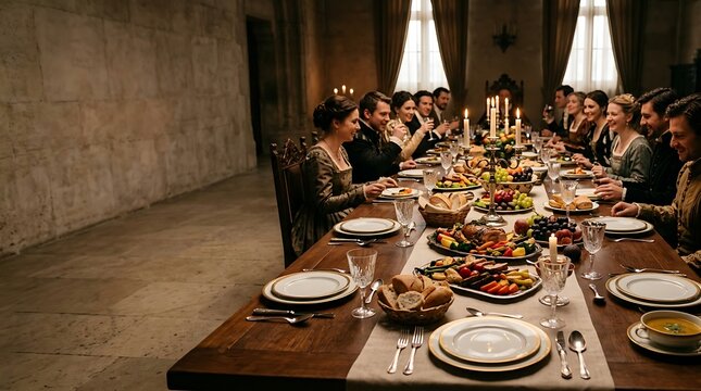 Noble people enjoying a traditional feast in a medieval dining hall