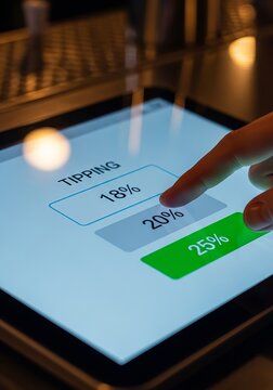 Woman finger touching digital tablet screen to select tip percentage during payment. Electronic tipping system for customer service and restaurant purchase. Financial digital retail concept.