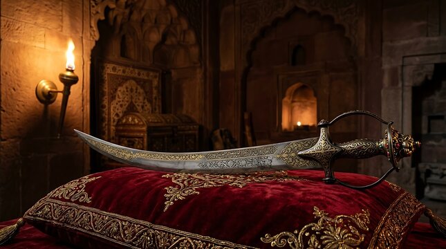 An antique ornate Indian talwar sword resting on a velvet cushion inside a dimly lit historical palace.