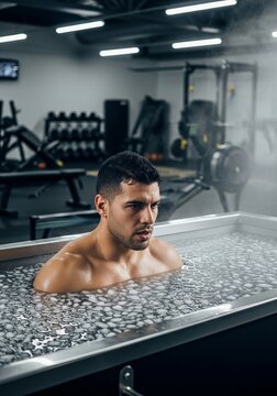 Man taking ice bath in gym. Athlete recovering in cold water after intense workout. Cryotherapy tank treatment for muscle recovery. Health, wellness and physical training routine concept.