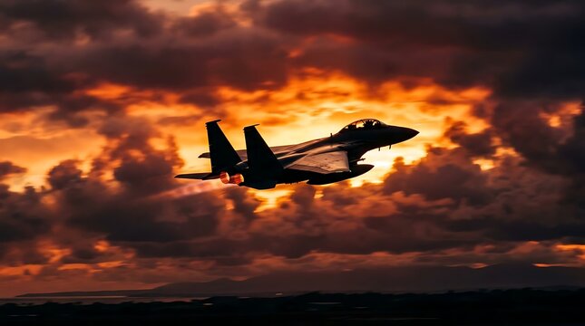 A military fighter jet flying through a dramatic sunset sky with clouds.