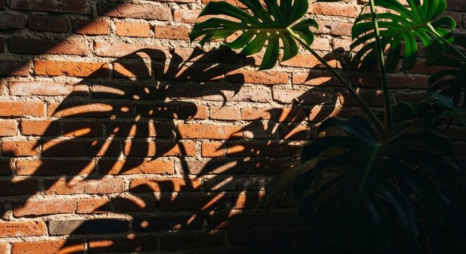 Monstera leaf casting shadow on red brick wall. Tropical plant foliage with sunlight and silhouette design. Interior decoration with natural botanical element and texture background.