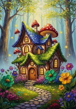 Mushroom house in enchanted forest with stone path and colorful flowers. Fantasy cottage with magical glowing lights. Fairytale architecture and whimsical nature illustration.