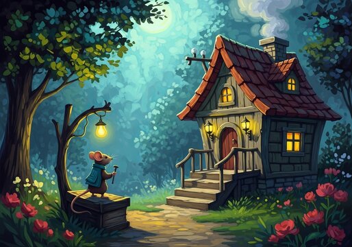 Mouse wearing scarf standing under street lamp in front of fantasy cottage at night. Magical woodland scene with glowing lights and flowers. Storybook illustration concept for children.