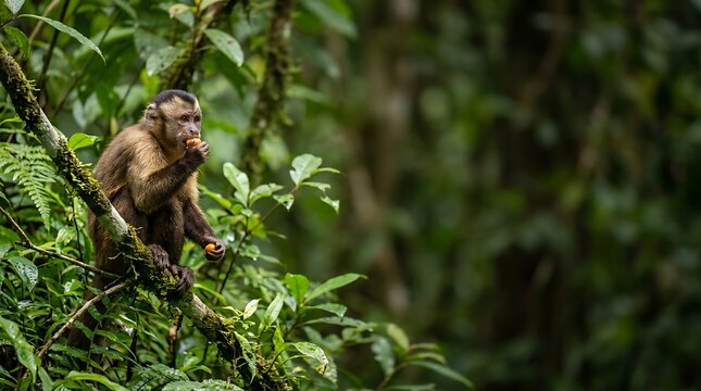 Capuchin monkey eating orange fruit on a mossy branch in the rainforest