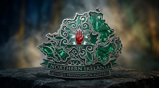 Ornate metallic emblem representing the map of Northern Ireland with the Red Hand symbol.