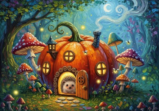 Hedgehog peeking from door of carved pumpkin house in magical forest. Fairy tale scene with glowing mushrooms and fireflies. Whimsical woodland artwork for autumn illustration concept.