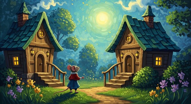 Mouse wearing clothing standing between two wooden houses in a garden. Magical scene with fairyland cottages and bright sun. Illustration for children storybook about fantasy animal life.