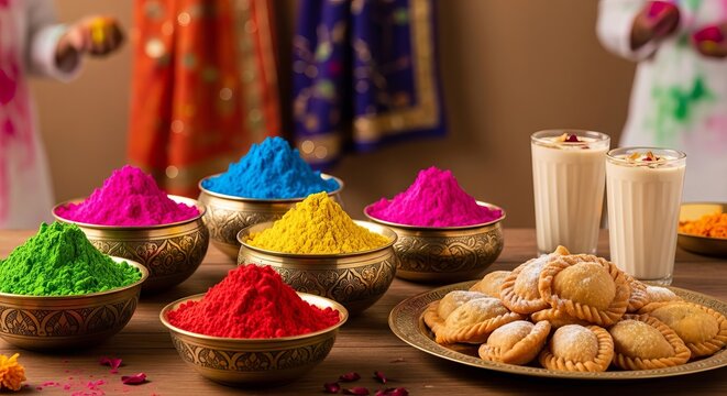 Colored powder in metal bowl for Holi festival. Traditional indian snack gujiya and thandai drink on table. Bright dyes for throwing and celebration. Culture and spring food concept.