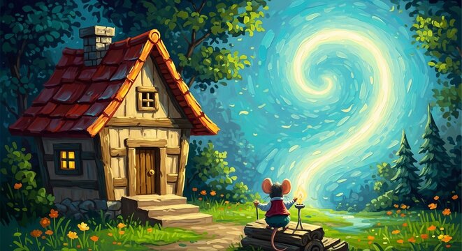 Mouse looking at a glowing magical spiral in the starry night sky near a cottage. Impressionist forest landscape with house. Fairy tale childhood story illustration art style.