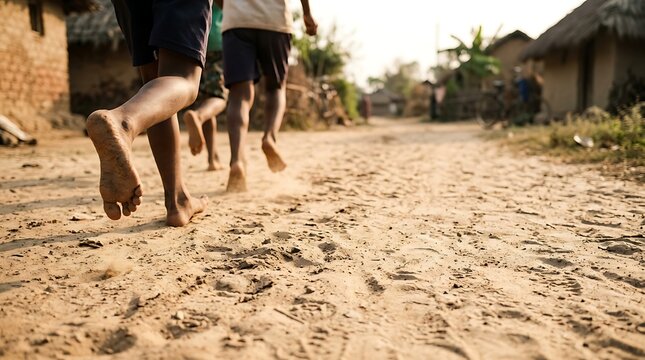 Children running barefoot on a dusty village road