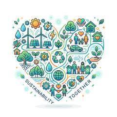 Naklejka premium Heart of Sustainability: A vibrant heart-shaped illustration visually communicates the interconnectedness of ecological well-being and human society, symbolizing a commitment to a greener future.