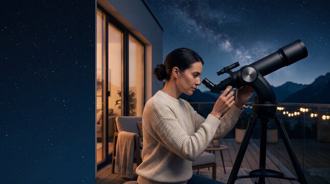 Woman stargazing with a professional telescope on a balcony at night under a starry sky with the Milky Way