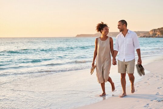 Happy Multiethnic Couple Walking Hand in Hand on a Sandy Beach at Sunset, Laughing and Enjoying a Romantic Summer Vacation