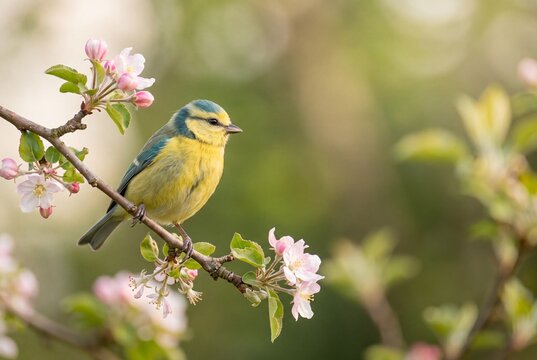 Eurasian Blue Tit Perched on a Flowering Apple Tree Branch with Pink Blossoms in Spring