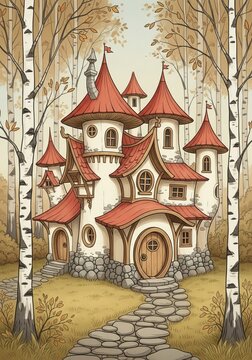 Fairytale castle in autumnal birch forest. Fantasy mushroom architecture with red roof. Magical dwelling for storybook illustration. Enchanted home hidden in woodland nature setting.