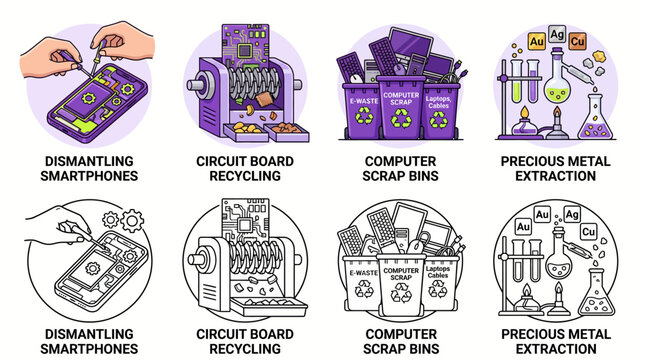 Electronic waste recycling and recovery linear and color icon set representing sustainable disposal of obsolete computers and smartphones