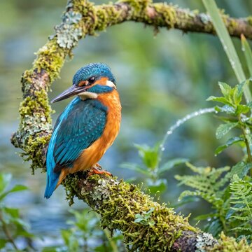 Close-up of a beautiful Common Kingfisher (Alcedo atthis) perched on a mossy tree branch, looking back against a soft green bokeh background