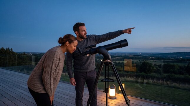 A diverse young couple enjoys stargazing with a professional telescope on a wooden deck overlooking a scenic landscape at twilight