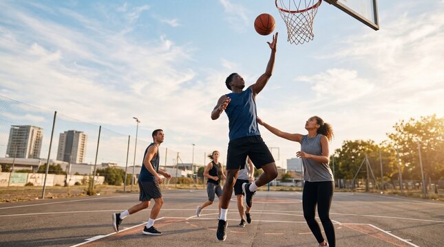 Young diverse group of friends playing basketball on an outdoor urban court during sunset