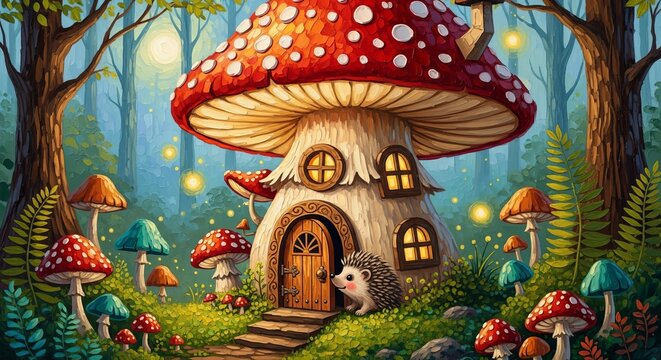 Hedgehog standing by a cozy mushroom house in a magical forest. Fantasy woodland home with glowing lights and toadstools. Enchanted nature scene for fairy tale children illustration.