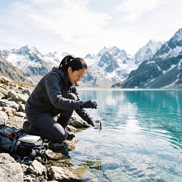 Female environmental scientist collecting a water sample from a pristine alpine lake in the high mountains for research