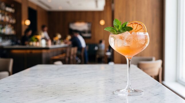 Refreshing orange cocktail with mint garnish and dried citrus slice on a marble table in a luxury bar