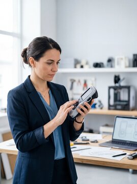 Professional Female Engineer Using a Handheld 3D Scanner in a Modern Workshop