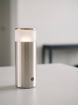 Modern Brushed Metal Cordless LED Table Lamp Glowing on a Minimalist Surface