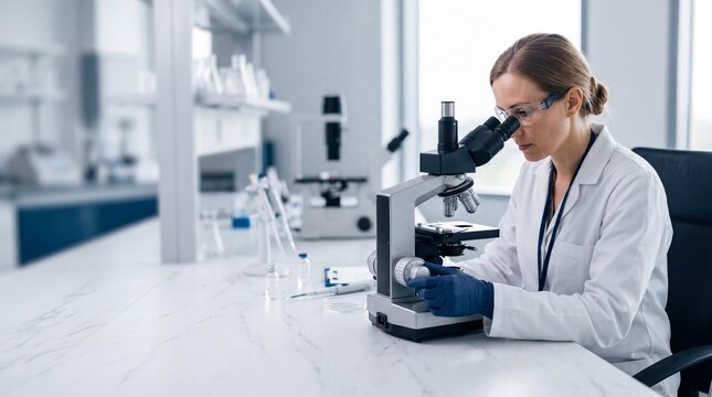Professional female scientist in a white lab coat and safety goggles conducting research using a modern microscope in a bright clinical laboratory