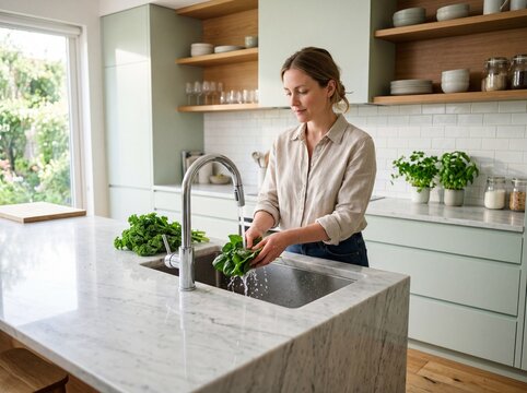 Young woman washing fresh green spinach in a modern kitchen sink for healthy meal preparation