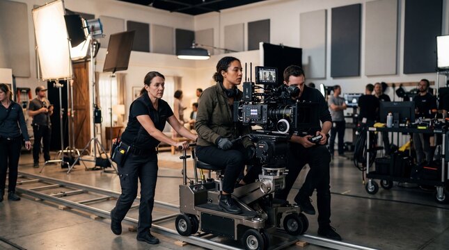 Professional film crew working with a cinema camera on a dolly track in a studio