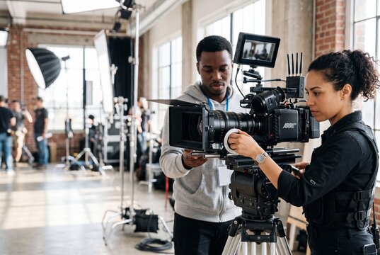 Professional Film Crew Operating a Cinema Camera in a Bright Industrial Studio