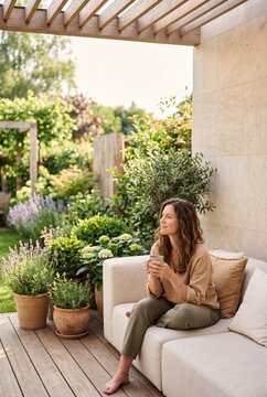 Young woman relaxing on a patio sofa with a cup of coffee in a beautiful lush garden
